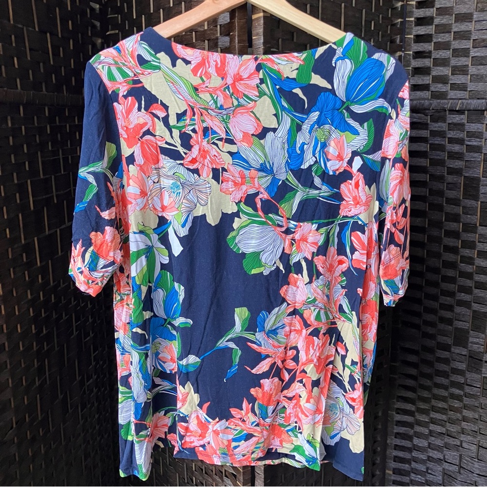Chico's Blue Floral Short Sleeve Tee Top Blouse Womens 2 Large - Picture 5 of 8